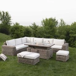 Bellagio Round Wicker Large Corner Casual Dining Set With Rising Firepit Table, Natural