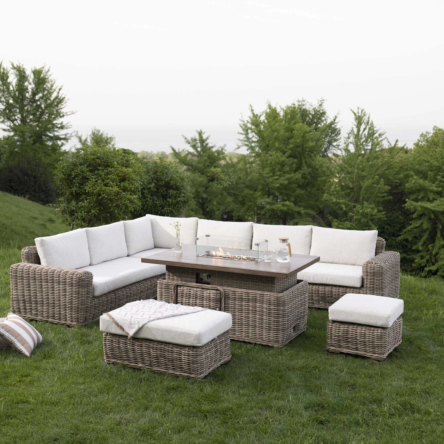 Bellagio Natural Round Wicker Large Modular Corner Dining Set β Height Adjustable Firepit Table & Beige Cushions 1 Bellagio Natural Round Wicker Large Modular Corner Dining Set β Height Adjustable Firepit Table & Beige Cushions