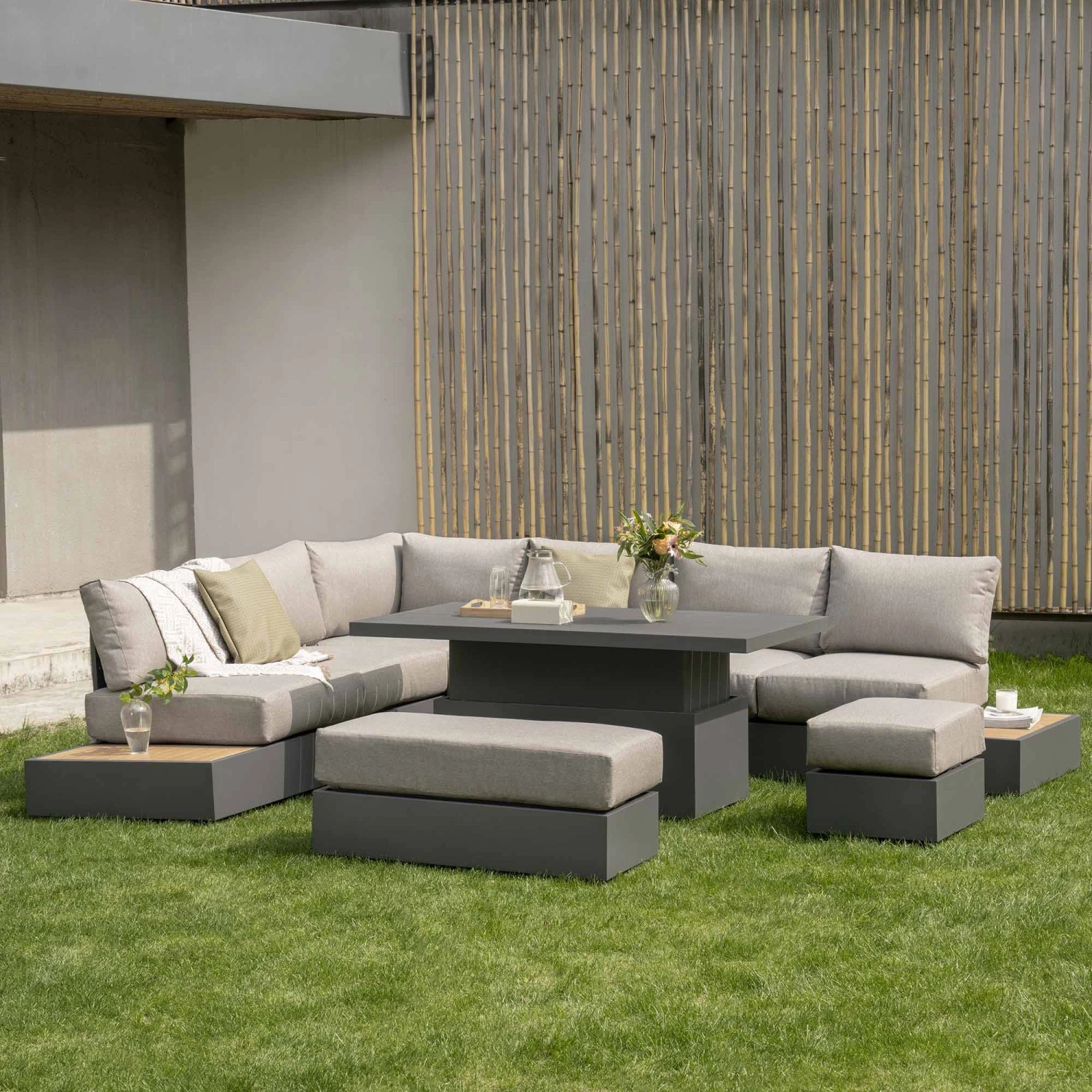 Jardin Large Granite Aluminium Corner Dining Set with Rising Table & Reclining Module - 9 Seater 1 Jardin Large Granite Aluminium Corner Dining Set with Rising Table & Reclining Module - 9 Seater