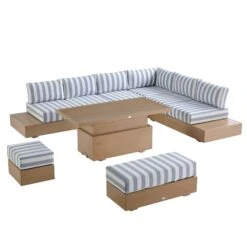 Jardin Aluminium Large Corner Casual Dining Set With Rising Table, Natural With Blue Stripes 29 Jardin Aluminium Large Corner Casual Dining Set With Rising Table, Natural With Blue Stripes -Daals Store OD DINE 905 NAT BLUESTRIPE SET WB1