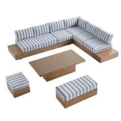 Jardin Aluminium Large Corner Casual Dining Set With Rising Table, Natural With Blue Stripes 32 Jardin Aluminium Large Corner Casual Dining Set With Rising Table, Natural With Blue Stripes -Daals Store OD DINE 905 NAT BLUESTRIPE SET WB3