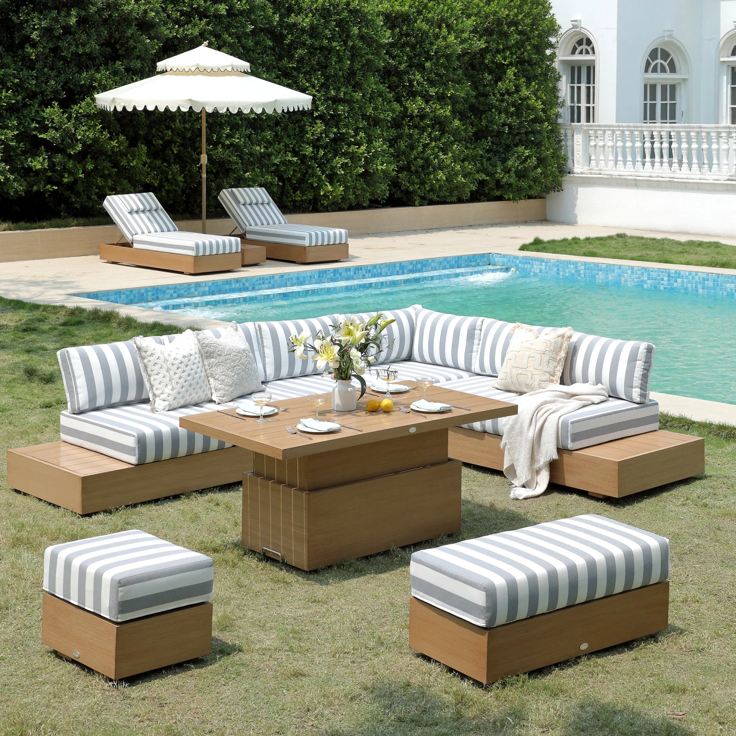 Jardin Aluminium Large Corner Casual Dining Set With Rising Table, Natural With Blue Stripes 1 Jardin Aluminium Large Corner Casual Dining Set With Rising Table, Natural With Blue Stripes