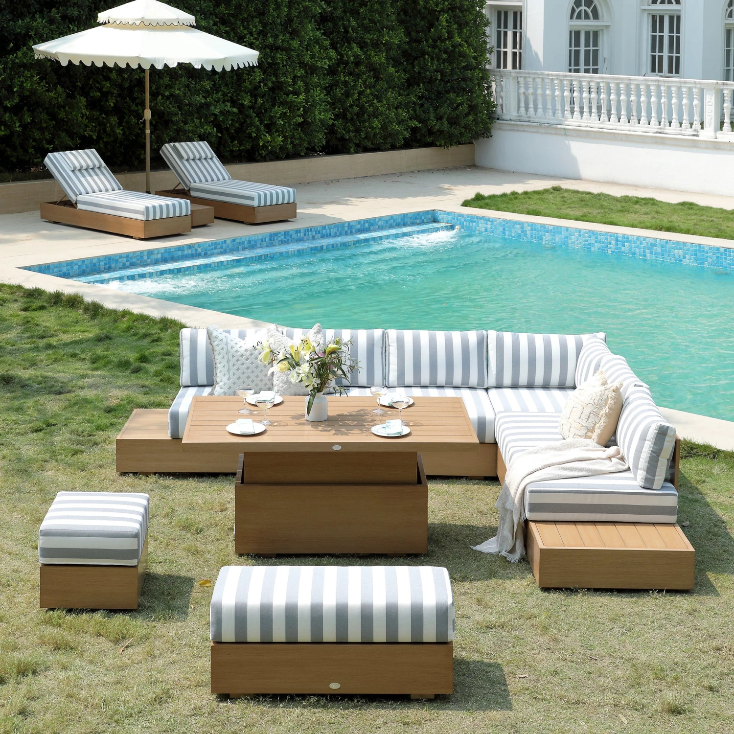 Jardin Aluminium Large Corner Casual Dining Set With Rising Table, Natural With Blue Stripes 2 Jardin Aluminium Large Corner Casual Dining Set With Rising Table, Natural With Blue Stripes - Image 2