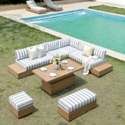 Jardin Aluminium Large Corner Casual Dining Set With Rising Table, Natural With Blue Stripes 22 Jardin Aluminium Large Corner Casual Dining Set With Rising Table, Natural With Blue Stripes -Daals Store OD DINE 905 NAT BLUESTRIPE SET scene2