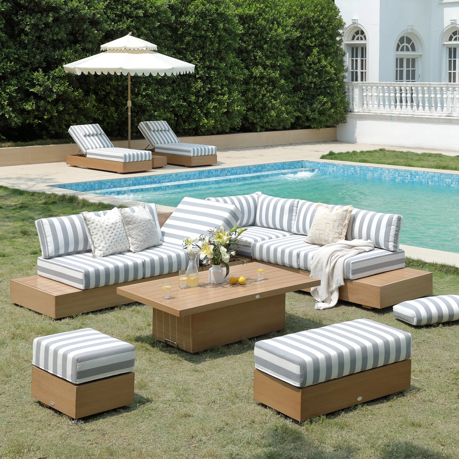 Jardin Aluminium Large Corner Casual Dining Set With Rising Table, Natural With Blue Stripes 4 Jardin Aluminium Large Corner Casual Dining Set With Rising Table, Natural With Blue Stripes - Image 4