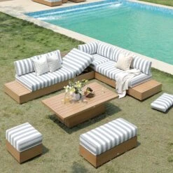 Jardin Aluminium Large Corner Casual Dining Set With Rising Table, Natural With Blue Stripes 24 Jardin Aluminium Large Corner Casual Dining Set With Rising Table, Natural With Blue Stripes -Daals Store OD DINE 905 NAT BLUESTRIPE SET scene4