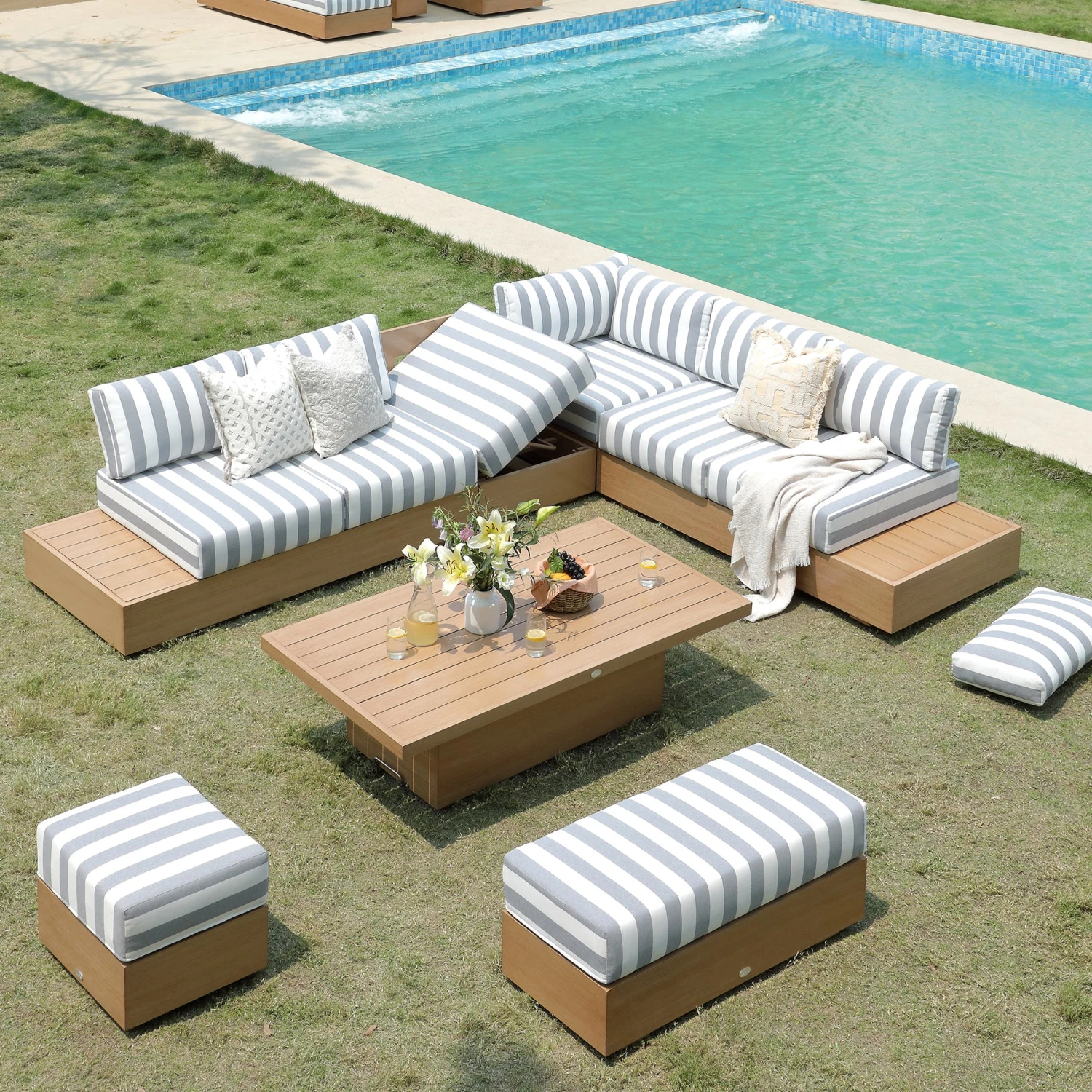 Jardin Aluminium Large Corner Casual Dining Set With Rising Table, Natural With Blue Stripes 5 Jardin Aluminium Large Corner Casual Dining Set With Rising Table, Natural With Blue Stripes - Image 5