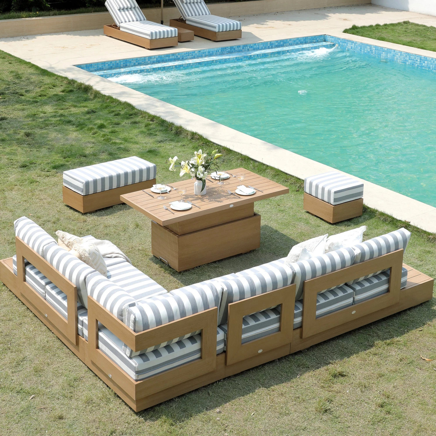 Jardin Aluminium Large Corner Casual Dining Set With Rising Table, Natural With Blue Stripes 6 Jardin Aluminium Large Corner Casual Dining Set With Rising Table, Natural With Blue Stripes - Image 6