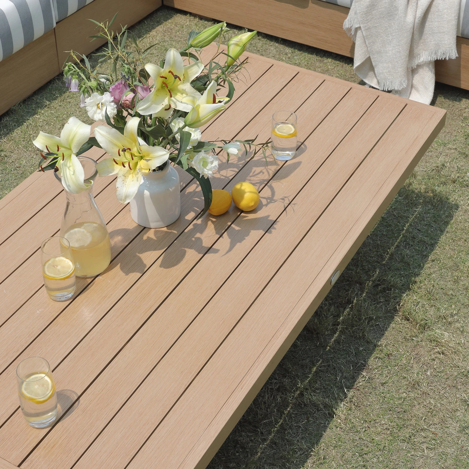 Jardin Aluminium Large Corner Casual Dining Set With Rising Table, Natural With Blue Stripes 8 Jardin Aluminium Large Corner Casual Dining Set With Rising Table, Natural With Blue Stripes - Image 8