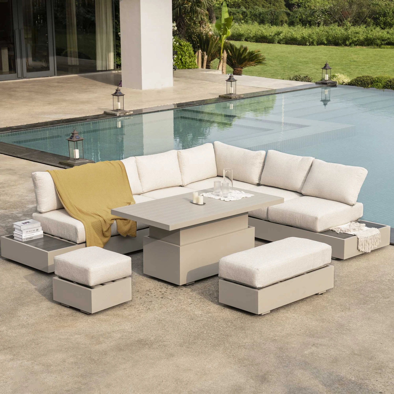 Jardin Aluminium Large Corner Casual Dining Set With Rising Table, Pumice 1 Jardin Aluminium Large Corner Casual Dining Set With Rising Table, Pumice