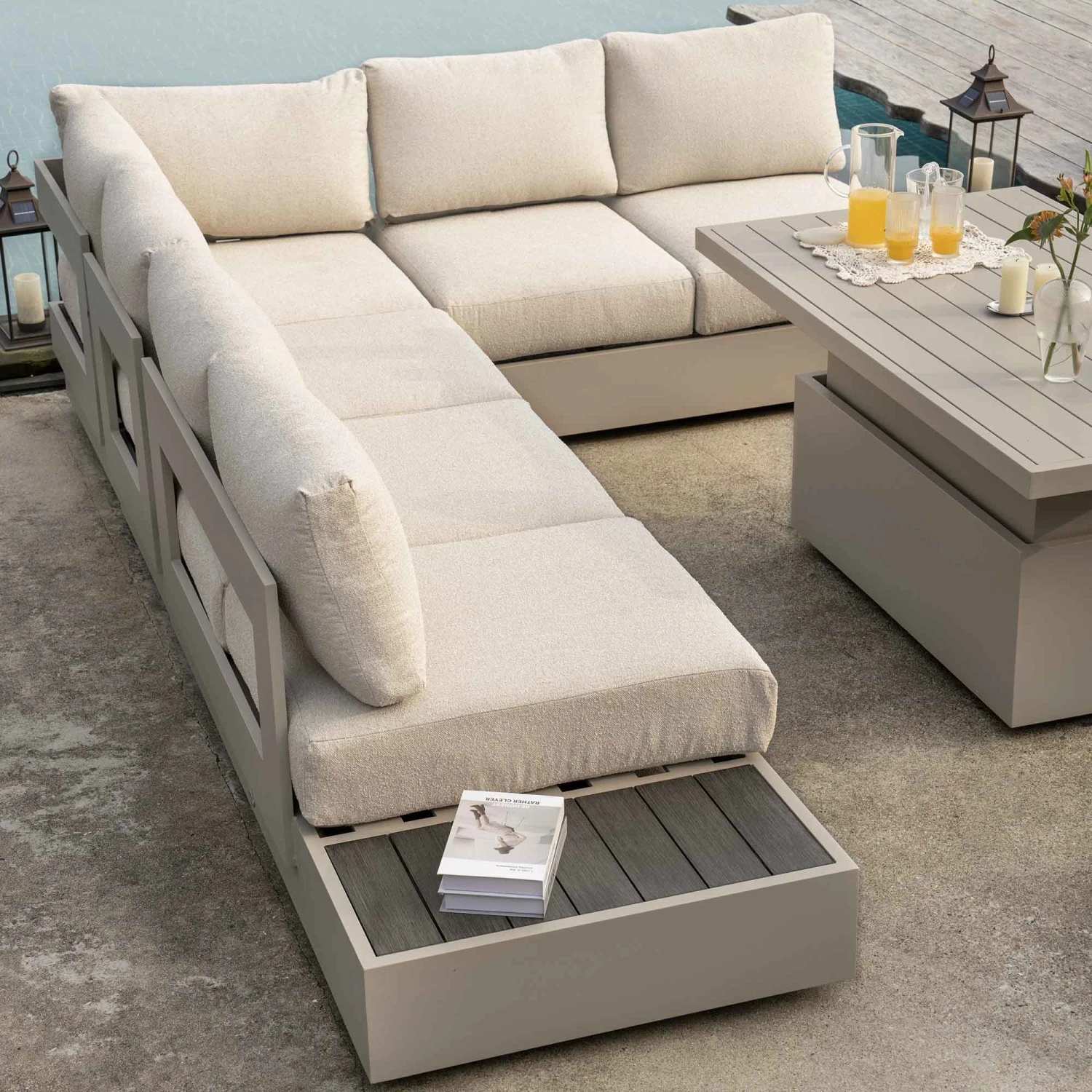 Jardin Aluminium Large Corner Casual Dining Set With Rising Table, Pumice 2 Jardin Aluminium Large Corner Casual Dining Set With Rising Table, Pumice - Image 2