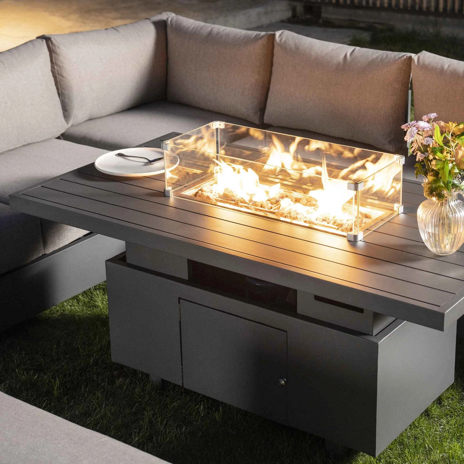 Jardin Aluminium Large Corner Casual Dining Set With Rising Firepit Table, Granite 4 Jardin Aluminium Large Corner Casual Dining Set With Rising Firepit Table, Granite - Image 4
