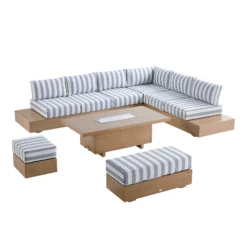 Jardin Aluminium Large Corner Casual Dining Set With Rising Firepit Table, Natural With Blue Stripes -Daals Store OD DINE 906 NAT BLUESTRIPE SET GIF