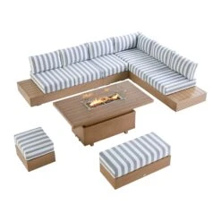 Jardin Aluminium Large Corner Casual Dining Set With Rising Firepit Table, Natural With Blue Stripes -Daals Store OD DINE 906 NAT BLUESTRIPE SET WB1