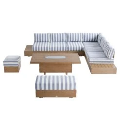 Jardin Aluminium Large Corner Casual Dining Set With Rising Firepit Table, Natural With Blue Stripes -Daals Store OD DINE 906 NAT BLUESTRIPE SET WB5