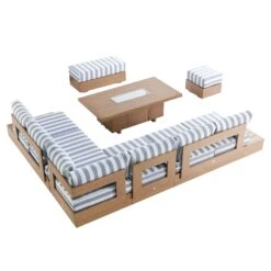 Jardin Aluminium Large Corner Casual Dining Set With Rising Firepit Table, Natural With Blue Stripes -Daals Store OD DINE 906 NAT BLUESTRIPE SET WB6