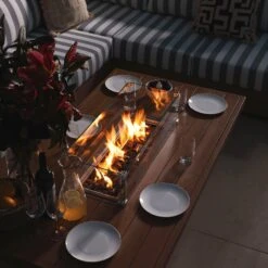 Jardin Aluminium Large Corner Casual Dining Set With Rising Firepit Table, Natural With Blue Stripes -Daals Store OD DINE 906 NAT BLUESTRIPE SET scene2