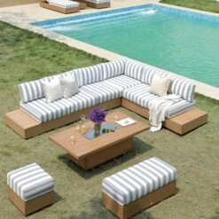 Jardin Aluminium Large Corner Casual Dining Set With Rising Firepit Table, Natural With Blue Stripes -Daals Store OD DINE 906 NAT BLUESTRIPE SET scene5