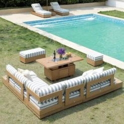 Jardin Aluminium Large Corner Casual Dining Set With Rising Firepit Table, Natural With Blue Stripes -Daals Store OD DINE 906 NAT BLUESTRIPE SET scene7