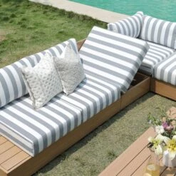 Jardin Aluminium Large Corner Casual Dining Set With Rising Firepit Table, Natural With Blue Stripes -Daals Store OD DINE 906 NAT BLUESTRIPE SET scene8