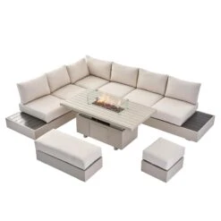 Jardin Aluminium Large Corner Casual Dining Set With Rising Firepit Table, Pumice 19 Jardin Aluminium Large Corner Casual Dining Set With Rising Firepit Table, Pumice -Daals Store OD DINE 906 PUMICE SET WB1