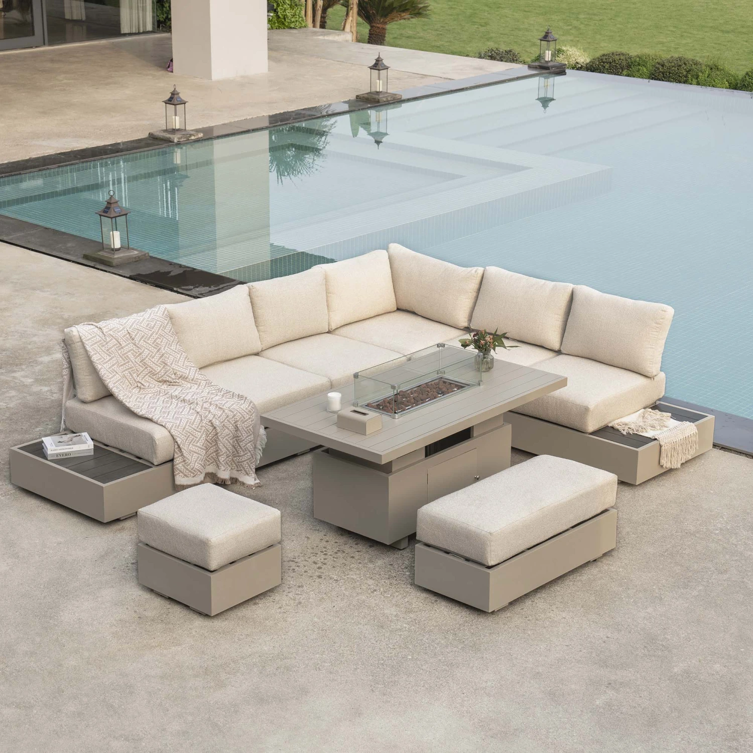 Jardin Aluminium Large Corner Casual Dining Set With Rising Firepit Table, Pumice 2 Jardin Aluminium Large Corner Casual Dining Set With Rising Firepit Table, Pumice - Image 2