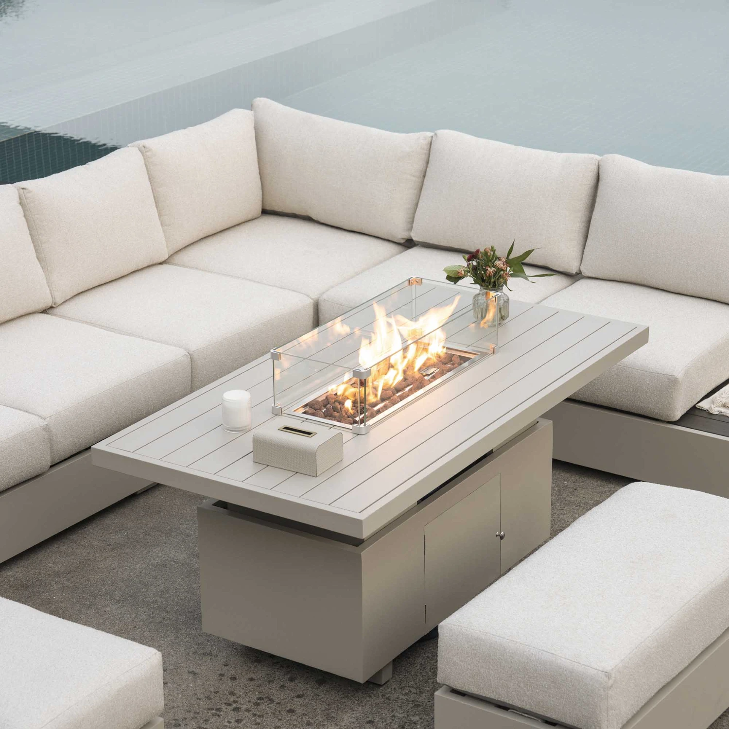 Jardin Aluminium Large Corner Casual Dining Set With Rising Firepit Table, Pumice 4 Jardin Aluminium Large Corner Casual Dining Set With Rising Firepit Table, Pumice - Image 4