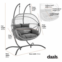 Harrington Grey Rattan & Rope Double Hanging Egg Chair β 2 Person Indoor/Outdoor Garden Swing with Plush Cushions 15 Harrington Grey Rattan & Rope Double Hanging Egg Chair β 2 Person Indoor/Outdoor Garden Swing with Plush Cushions -Daals Store OD HC 009 CHART