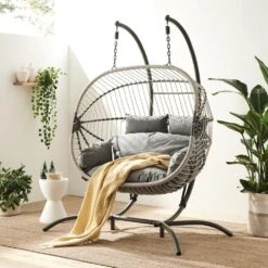 Harrington Grey Rattan & Rope Double Hanging Egg Chair β 2 Person Indoor/Outdoor Garden Swing with Plush Cushions