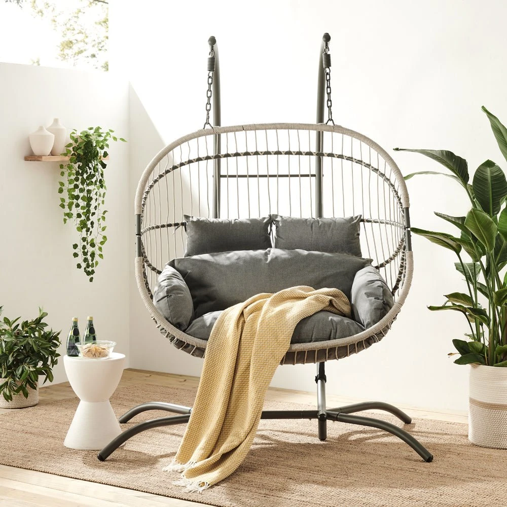 Harrington Grey Rattan & Rope Double Hanging Egg Chair β 2 Person Indoor/Outdoor Garden Swing with Plush Cushions 2 Harrington Grey Rattan & Rope Double Hanging Egg Chair β 2 Person Indoor/Outdoor Garden Swing with Plush Cushions - Image 2