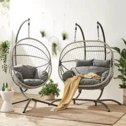 Harrington Grey Rattan & Rope Double Hanging Egg Chair β 2 Person Indoor/Outdoor Garden Swing with Plush Cushions 12 Harrington Grey Rattan & Rope Double Hanging Egg Chair β 2 Person Indoor/Outdoor Garden Swing with Plush Cushions -Daals Store OD HC 009 scene2