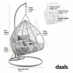 Deneb Light Grey Faux Rattan Double Hanging Egg Chair - 2-Person Indoor & Outdoor Garden Swing 16 Deneb Light Grey Faux Rattan Double Hanging Egg Chair - 2-Person Indoor & Outdoor Garden Swing -Daals Store OD HC 016 CHART