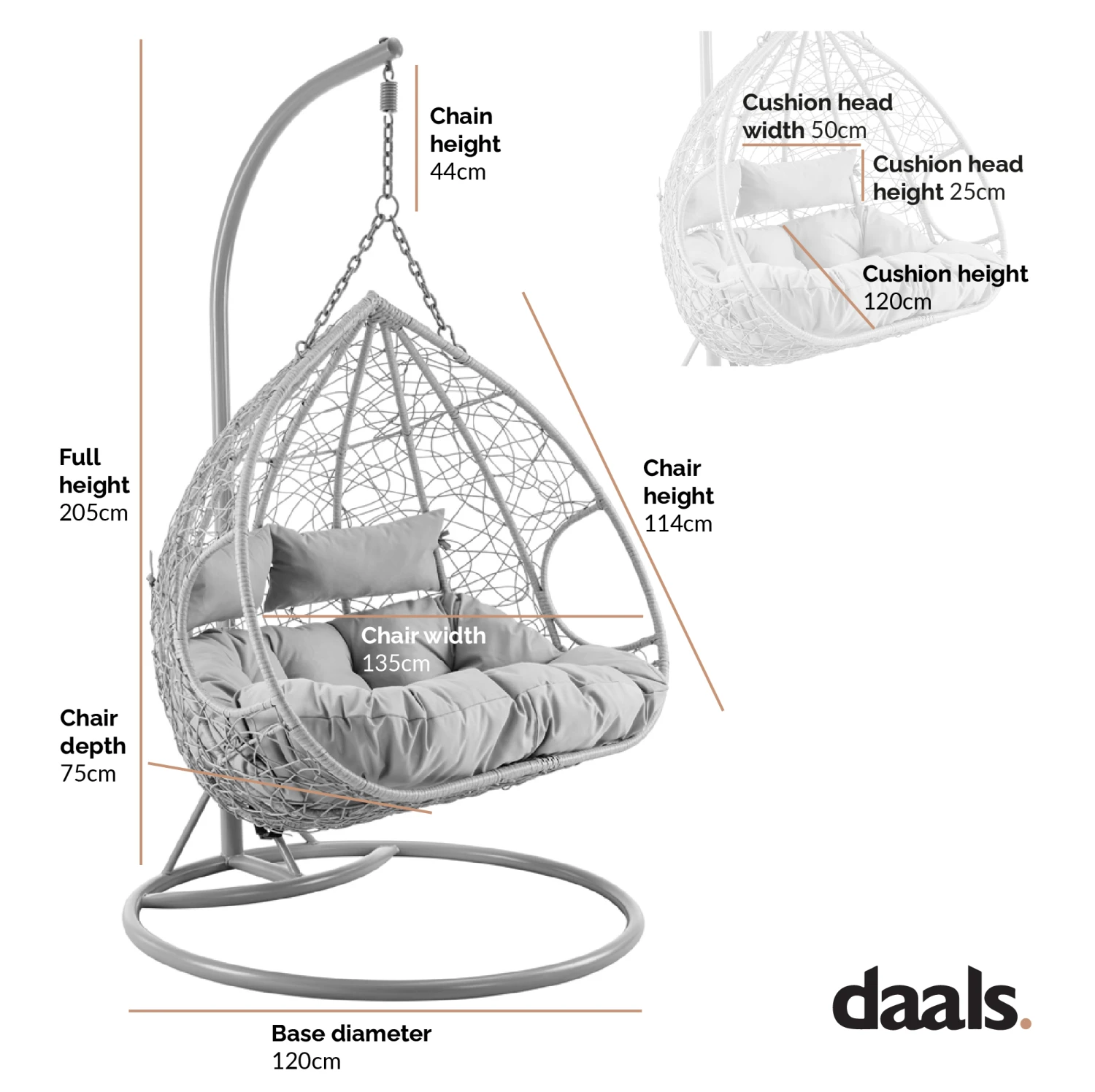 Deneb Light Grey Faux Rattan Double Hanging Egg Chair - 2-Person Indoor & Outdoor Garden Swing 7 Deneb Light Grey Faux Rattan Double Hanging Egg Chair - 2-Person Indoor & Outdoor Garden Swing - Image 7