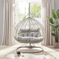 Deneb Light Grey Faux Rattan Double Hanging Egg Chair - 2-Person Indoor & Outdoor Garden Swing