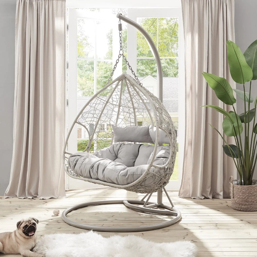 Deneb Light Grey Faux Rattan Double Hanging Egg Chair - 2-Person Indoor & Outdoor Garden Swing 2 Deneb Light Grey Faux Rattan Double Hanging Egg Chair - 2-Person Indoor & Outdoor Garden Swing - Image 2