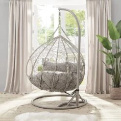 Deneb Light Grey Faux Rattan Double Hanging Egg Chair - 2-Person Indoor & Outdoor Garden Swing 12 Deneb Light Grey Faux Rattan Double Hanging Egg Chair - 2-Person Indoor & Outdoor Garden Swing -Daals Store OD HC 016 scene2