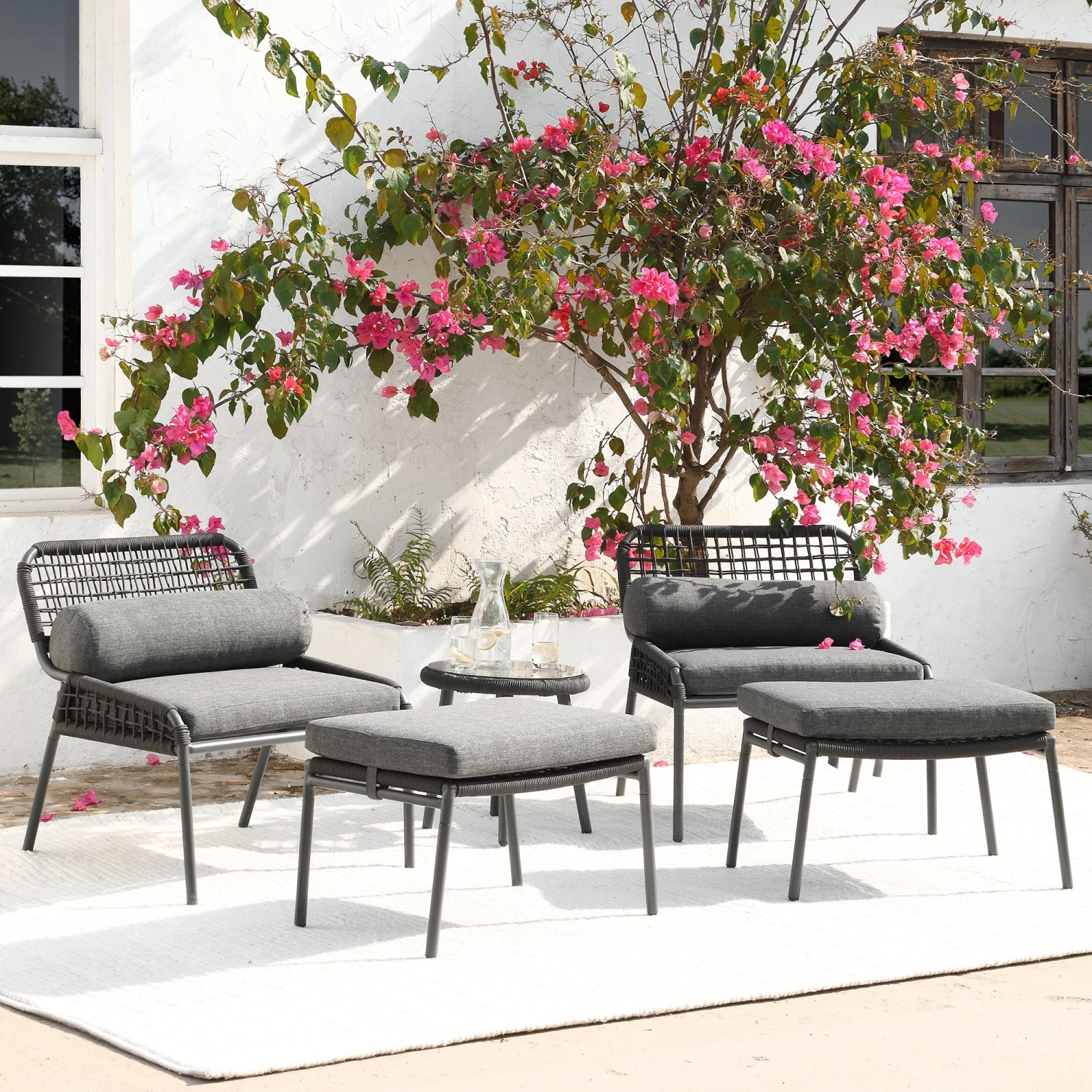 Pomona Rope Weave Bistro Set, Dark Grey Fabric With Black Frame 2 Pomona Rope Weave Bistro Set, Dark Grey Fabric With Black Frame - Image 2