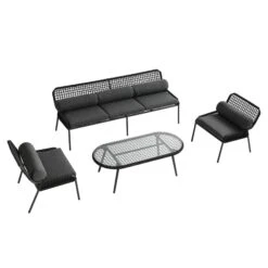Pomona Rope Weave 5-Seater Sofa Set, Dark Grey Fabric With Black Frame 26 Pomona Rope Weave 5-Seater Sofa Set, Dark Grey Fabric With Black Frame -Daals Store OD POM DGREY DGREY CONVO SET WB3