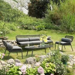 Pomona Rope Weave 5-Seater Sofa Set, Dark Grey Fabric With Black Frame 17 Pomona Rope Weave 5-Seater Sofa Set, Dark Grey Fabric With Black Frame -Daals Store OD POM DGREY DGREY CONVO SET scene1