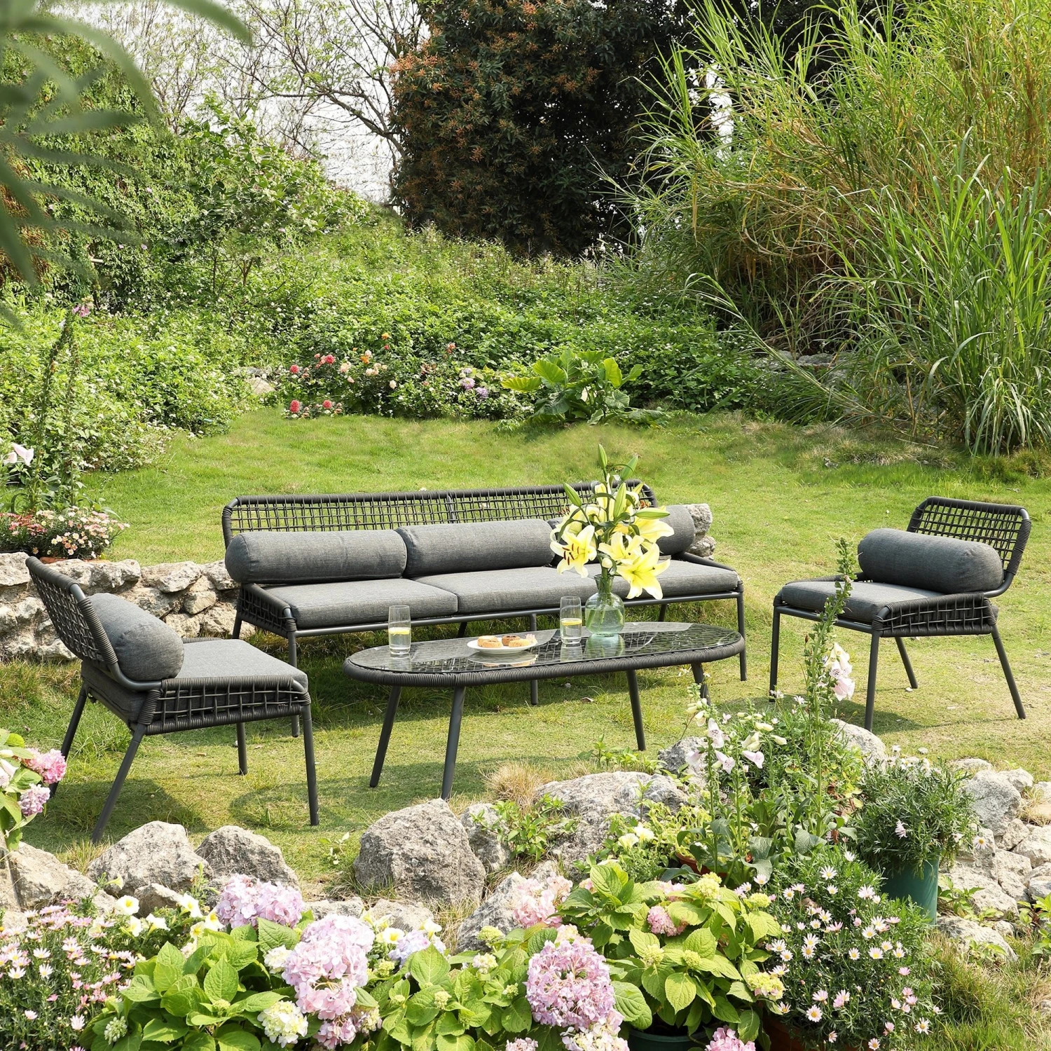 Pomona Rope Weave 5-Seater Sofa Set, Dark Grey Fabric With Black Frame 2 Pomona Rope Weave 5-Seater Sofa Set, Dark Grey Fabric With Black Frame - Image 2