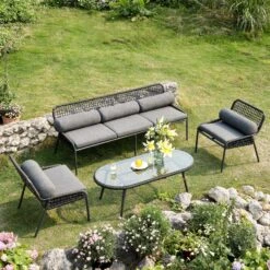 Pomona Rope Weave 5-Seater Sofa Set, Dark Grey Fabric With Black Frame 18 Pomona Rope Weave 5-Seater Sofa Set, Dark Grey Fabric With Black Frame -Daals Store OD POM DGREY DGREY CONVO SET scene2