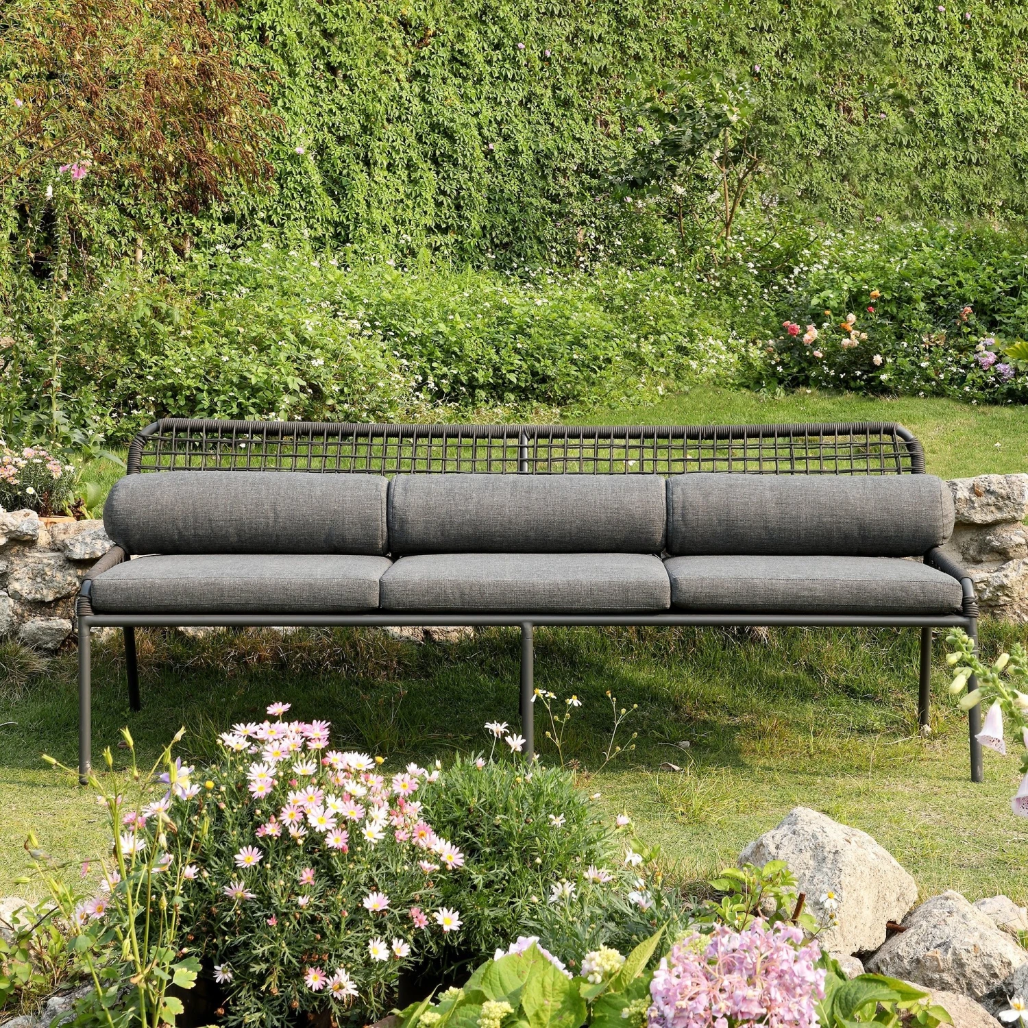 Pomona Rope Weave 5-Seater Sofa Set, Dark Grey Fabric With Black Frame 4 Pomona Rope Weave 5-Seater Sofa Set, Dark Grey Fabric With Black Frame - Image 4