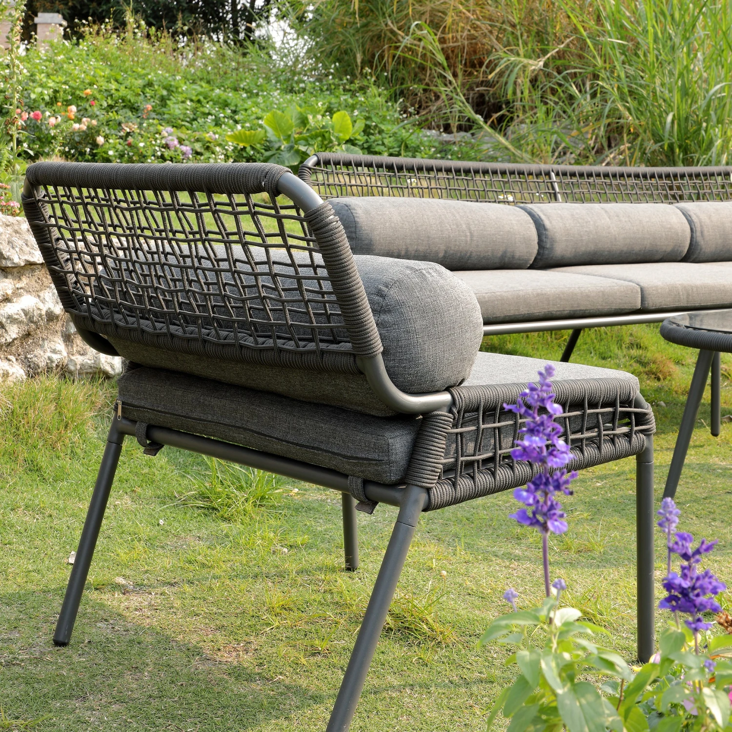 Pomona Rope Weave 5-Seater Sofa Set, Dark Grey Fabric With Black Frame 5 Pomona Rope Weave 5-Seater Sofa Set, Dark Grey Fabric With Black Frame - Image 5