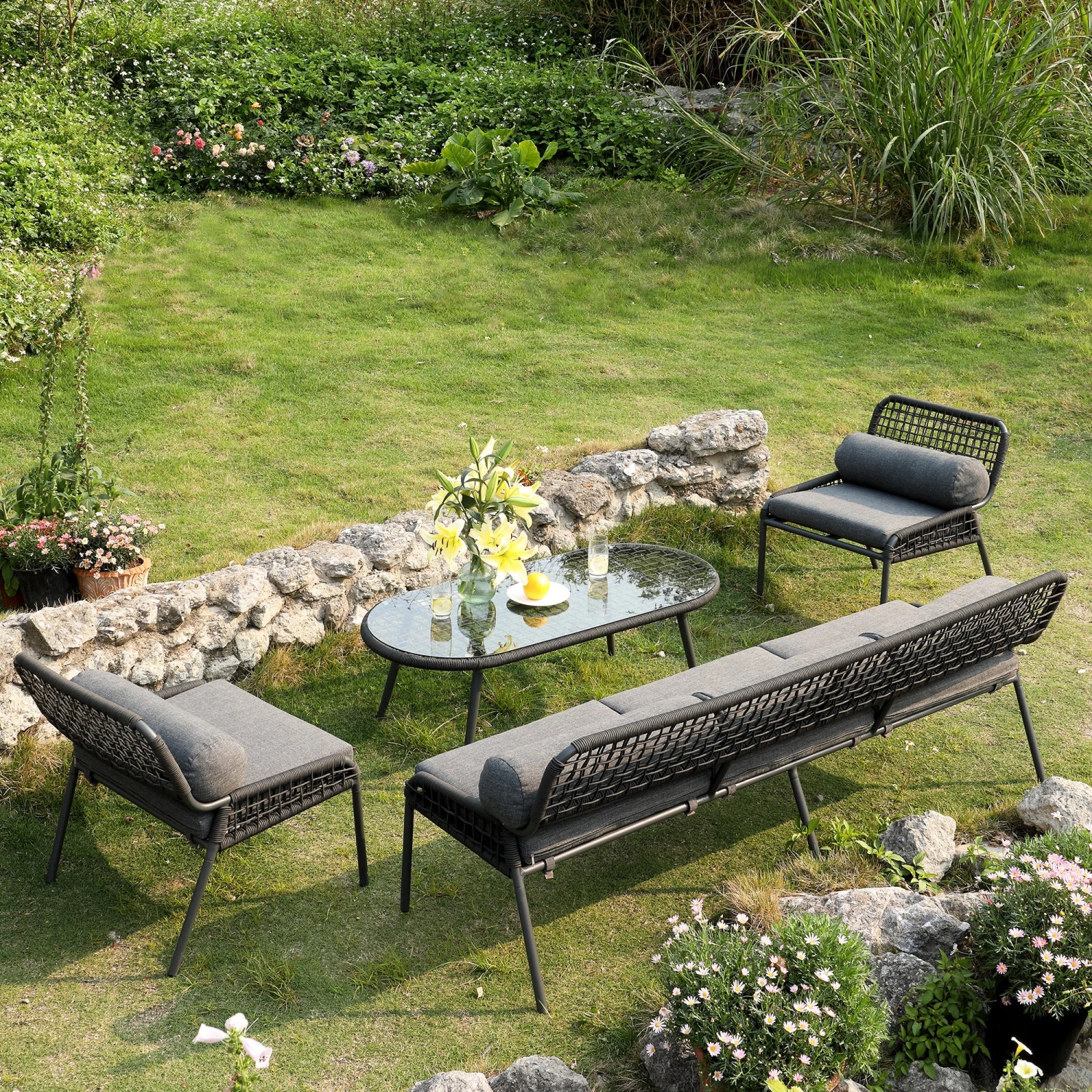 Pomona Rope Weave 5-Seater Sofa Set, Dark Grey Fabric With Black Frame 6 Pomona Rope Weave 5-Seater Sofa Set, Dark Grey Fabric With Black Frame - Image 6