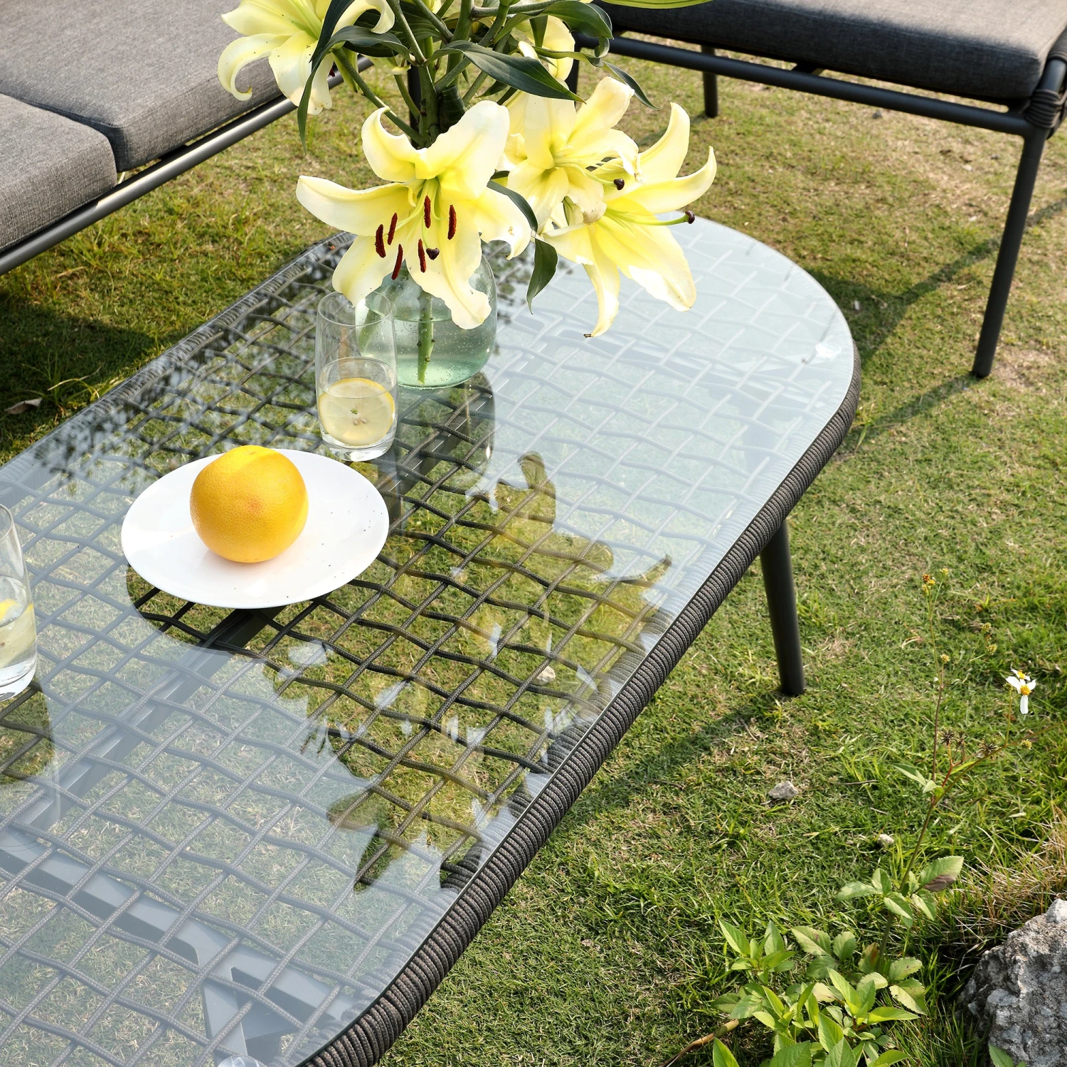 Pomona Rope Weave 5-Seater Sofa Set, Dark Grey Fabric With Black Frame 7 Pomona Rope Weave 5-Seater Sofa Set, Dark Grey Fabric With Black Frame - Image 7