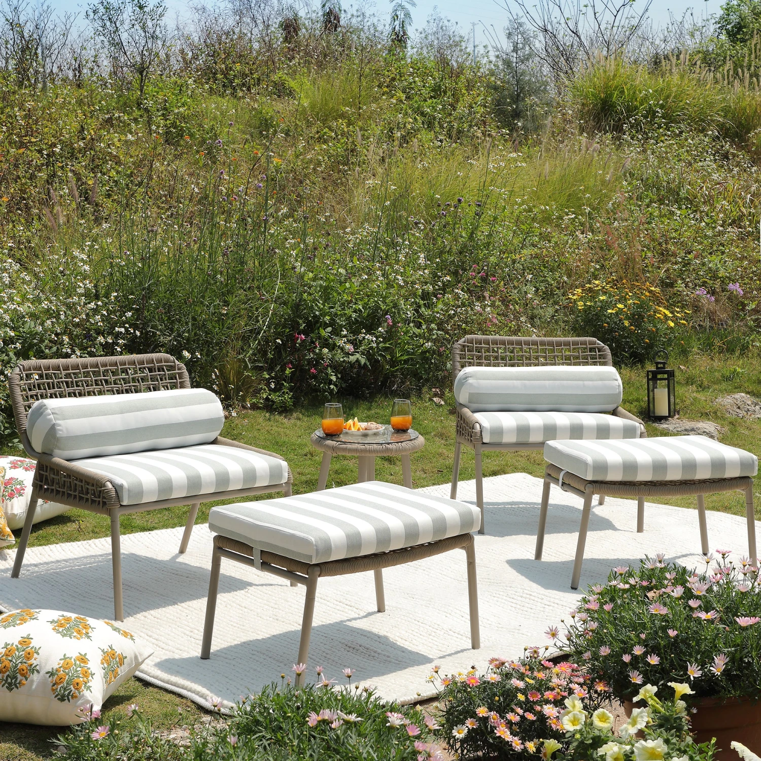 Pomona Rope Weave Bistro Set, Sage Striped Fabric With Taupe Frame 1 Pomona Rope Weave Bistro Set, Sage Striped Fabric With Taupe Frame