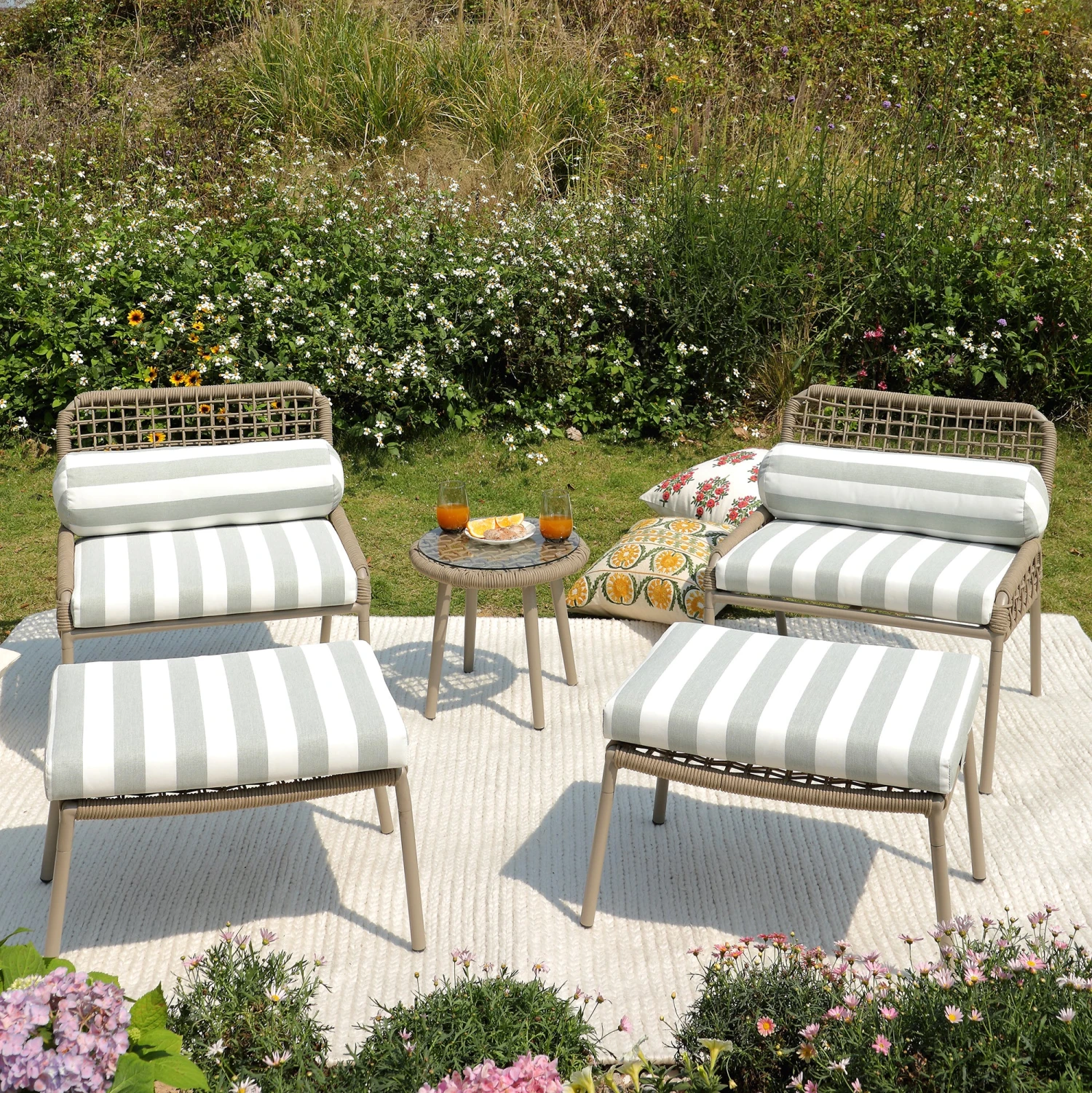 Pomona Rope Weave Bistro Set, Sage Striped Fabric With Taupe Frame 2 Pomona Rope Weave Bistro Set, Sage Striped Fabric With Taupe Frame - Image 2