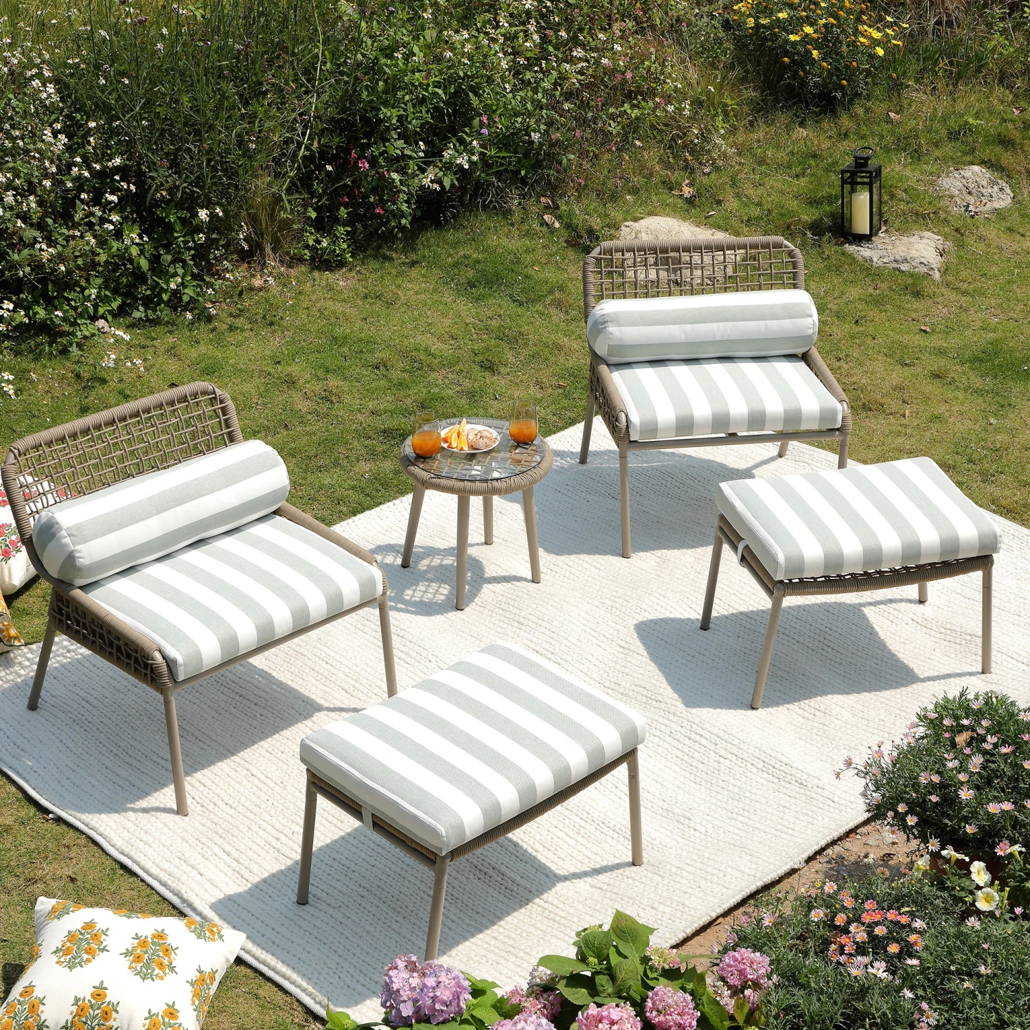 Pomona Rope Weave Bistro Set, Sage Striped Fabric With Taupe Frame 3 Pomona Rope Weave Bistro Set, Sage Striped Fabric With Taupe Frame - Image 3