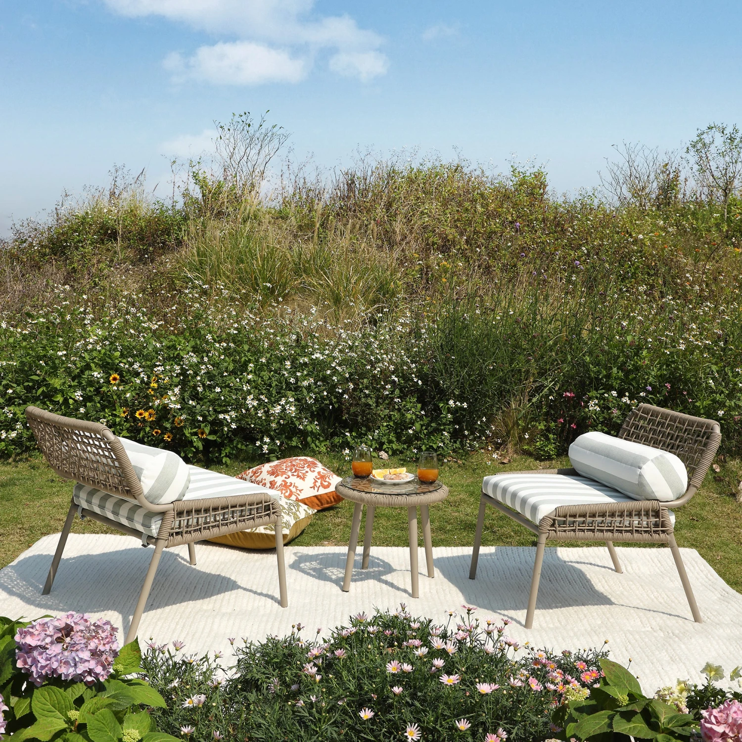 Pomona Rope Weave Bistro Set, Sage Striped Fabric With Taupe Frame 4 Pomona Rope Weave Bistro Set, Sage Striped Fabric With Taupe Frame - Image 4