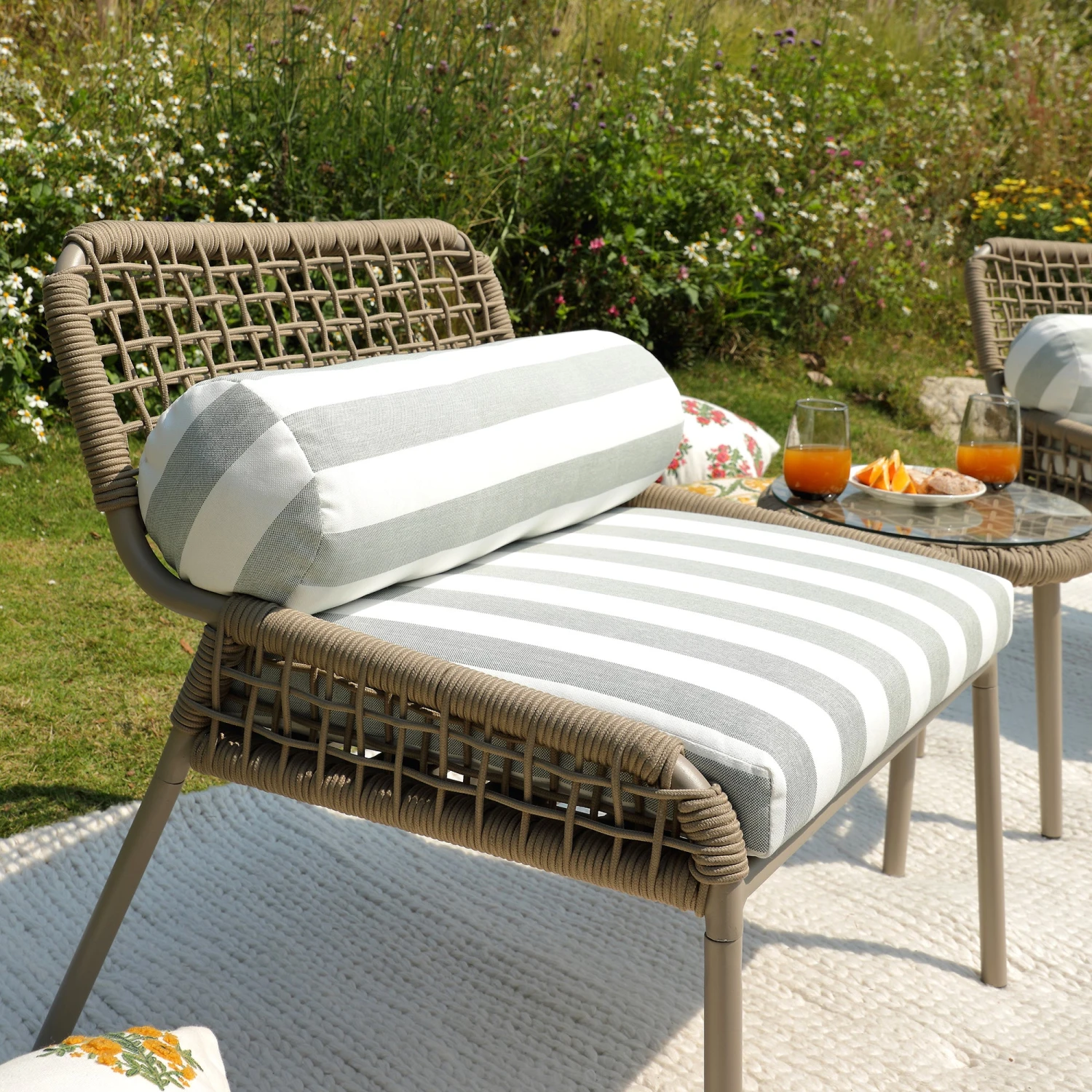 Pomona Rope Weave Bistro Set, Sage Striped Fabric With Taupe Frame 5 Pomona Rope Weave Bistro Set, Sage Striped Fabric With Taupe Frame - Image 5